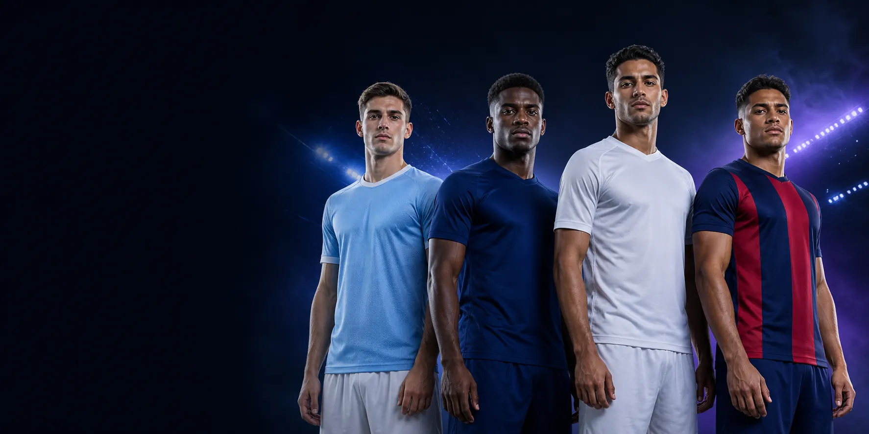 Four football players in a floodlit stadium